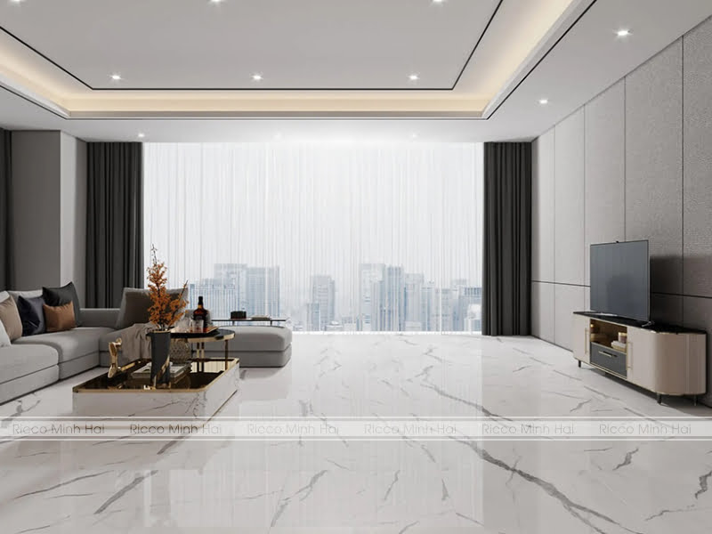 gạch Eurotile màu trắng, men bóng lát nền phòng khách sang trọng